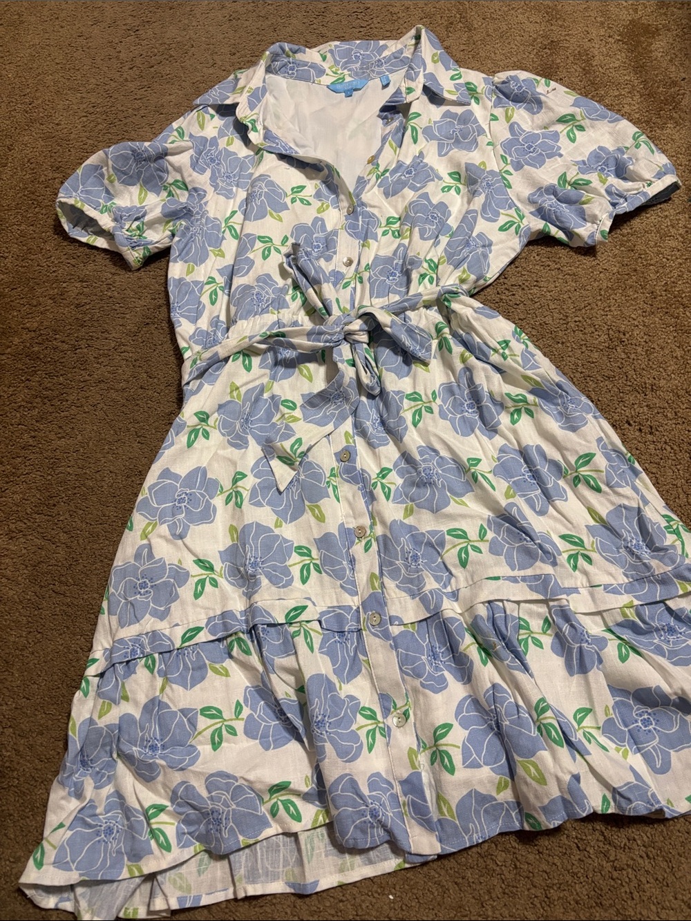 Draper James White Dress with Blue Floral Print and Green Leaves